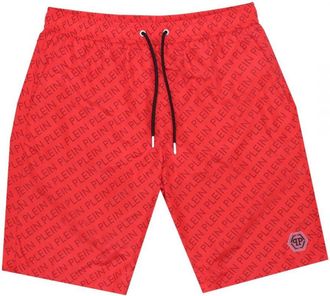 Philipp Plein Mens Repetitive Logo Long Red Swim Shorts - Size Large
