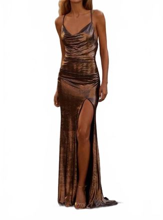 La Femme Draped Brushed Metallic Gown In Penny