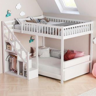 OEM Cama Loft 140x200 Cm, Escaleras De Almacenamiento, Cama Loft Para 2 Personas, Cama Loft Infantil, Alta Barandilla, Madera Maciza, Blanca