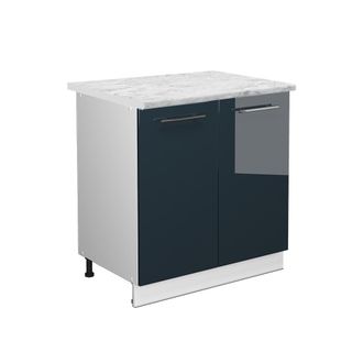 Vicco Armario Bajo Para Fregadero Fame-line, Azul Oscuro Alto Brillo, 80 Cm Con Estante, Et M&aacute;rmol Vicco