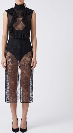 Elisabetta Franchi Abito a tubino midi in pizzo con spalle scoperte e rouches