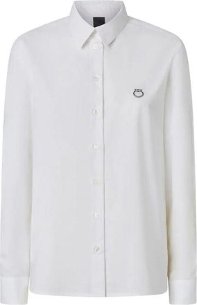 Pinko White Caffe Embroidered Logo Pleated Cotton Long-Sleeve Shirt