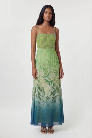 Karen Millen Womens Petite Embellished Ombre Floral Pleated Woven Bandeau Maxi Dress - Green - Size 6 UK