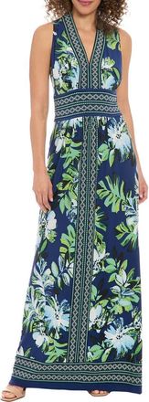 London Times Floral V-Neck Sleeveless Maxi Dress in Navy/Jolly Green at Nordstrom Rack, Size 12