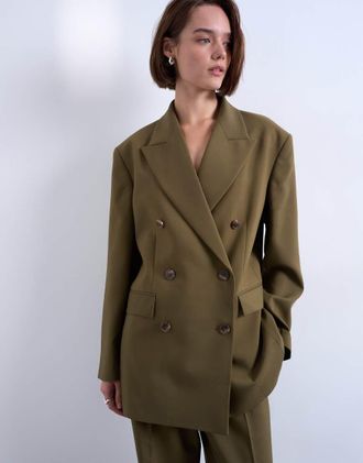 Topshop Blazer doppiopetto kaki stile smoking con 6 bottoni-Verde