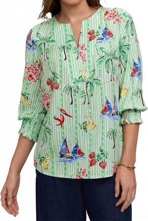 Foxcroft Alica Three Quarter Sleeve Recess Stripe Shirt In Green Multi