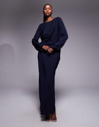 Asos Vestito lungo a maniche lunghe con incrocio sulla vita e aperto sulla schiena blu navy