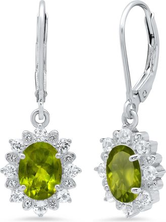 MAX + STONE Sterling Silver Halo Sunburst Oval Gemstone Leverback Earrings with White Topaz Accent
