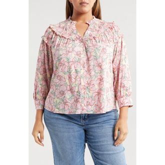 Wit & Wisdom Print Smocked Yoke Top in Buttercream/Sachet Pink Multi at Nordstrom, Size 2X
