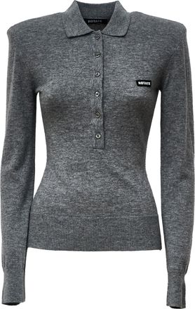 Rotate Fitted Long-Sleeve Polo Top With Classic Collar And Ribbed Details
