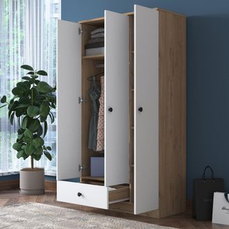Dmora Armario 3 Puertas Infine, Ropero Dormitorio Con Perchero, Un Caj&oacute;n, 5 Estantes, 90x43 Cm Roble Marr&oacute;n