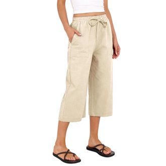 Generic Capri Pants for Women UK Cotton Linen Summer Cropped Trousers Trendy 2026 Elastic Waist Palazzo Wide Leg Pants with Pockets Lounge Yoga Beach 3/4 Leng