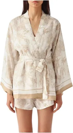 MC2 Saint Barth Overhemden, Dames, Beige, M, Kimono Carly Zijde Habotai Foulard Jungle Oceania