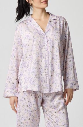 Florence By Mills Dream Satin Pajama Shirt in Lavender Bouquet at Nordstrom, Size Xx-Small
