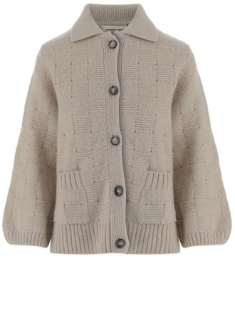Allude Beige Button-Down Puff Sleeve Cardigan