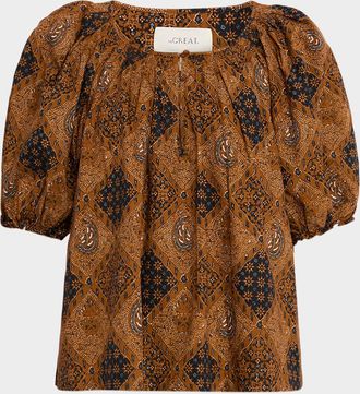 The Great. The Moorland Puff-Sleeve Bandana-Print Top
