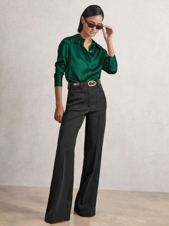 Reiss Green Silk-satin Concealed-placket Shirt, 10