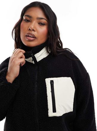 Only ONLY Curve - Giacca in pile effetto teddy nera oversize con scollo a imbuto-Nero