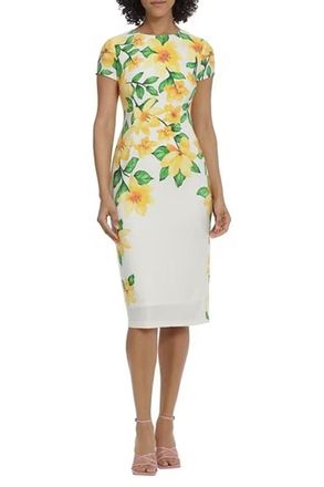 Maggy London Cap Sleeve Floral Sheath Dress In Ivory Mimosa