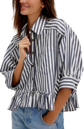 Free People Bailey Stripe Ruffle Hem Cotton Button-Up Shirt in Nautical Navy Combo at Nordstrom, Size Small
