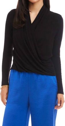 Karen Kane Long Sleeve Ribbed Drape Front Crossover Top In Black