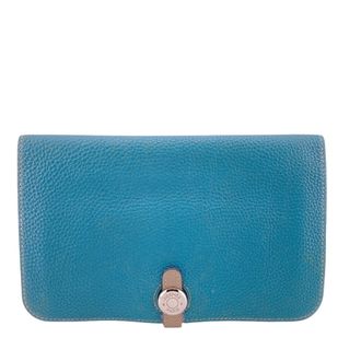 Herm&egrave;s Dogon Beige Blue Togo Leather Long Wallet (Bi-Fold) (Pre-Owned)