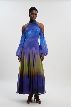 Karen Millen Womens Cosmic Cold Shoulder Woven Maxi Dress - Blue - Size 10 UK