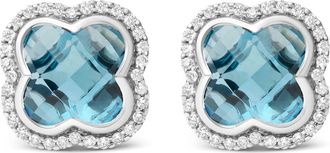 House of Brilliance 18K Gold 3/8 Cttw Diamond & London Blue Topaz Gemstone Halo Clover Stud Earrings in White at Nordstrom
