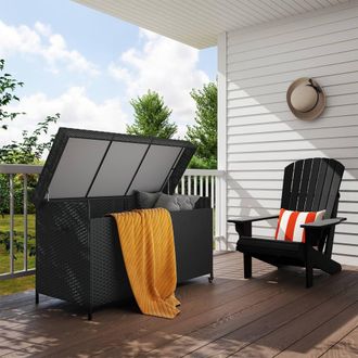 OUTSUNNY 627 L Rattan Garden Storage Box with Gas Lift Lid & Wheels in Black