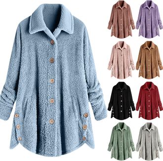 Generic Womens Fleece Jackets Winter Lapel Collar Long Coat Long Sleeve Fluffy Teddy Bear Coat Warm Oversized Button Down Fuzzy Sherpa Long Cardigans Sweater 