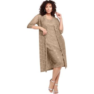 Roaman's Plus Size 3/4 Sleeve Formal Duster Sequin Embellished Lace Dress Set in Sparkling Champagne at Nordstrom, Size 34