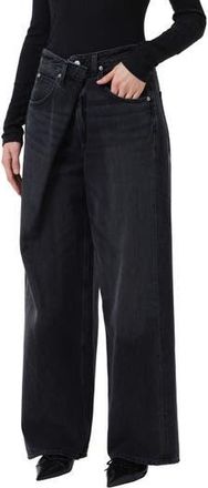 A Gold E Vana Fold Waistband Wide Leg Jeans in Arcane Dark Black at Nordstrom Rack, Size 28