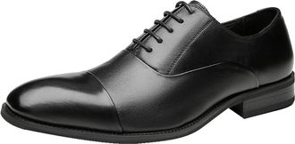 Generic Dress Shoes for Men Lace Up Cap Toe Breathable Round Toe Genuine Leather Low Top Anti-Slip Block Heel Business(8.5 UK) Black