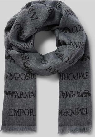 Emporio Armani Schal aus Schurwolle mit Logo-Muster und Fransen in Hellgrau, Größe 1