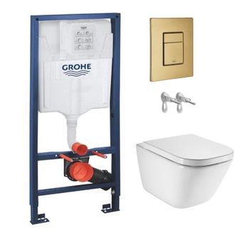 GROHE Pack Wc Suspendido Con Bastidor Grohe Rapid Sl + Pulsador Skate Oro Cepillado + Inodoro Roca The Gap Rimless