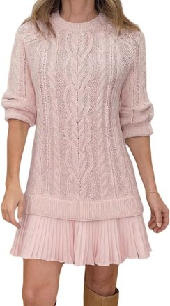 Generic Women Crewneck Cable Knit Sweater Mini Dress, 2025 New Casual Long Sleeve Pleated Mini Dress Chiffon Patchwork (Pink,L)