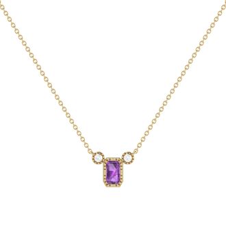 LuvMyJewelry Emerald Cut Amethyst & Diamond Birthstone Necklace in 14K Gold