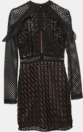 Self Portrait Black Geometric Pattern Lace Ruffled Mini Dress