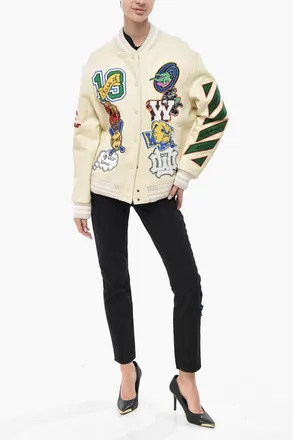 Off-white SEASONAL Bomber SLOGAN with Leather Sleeves and Embellishments Off-White