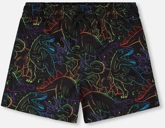 Deux par Deux Above the Knee Elastic Waist Dinosaur Print Swim Trunks in Black Dinosaur Print at Nordstrom, Size 12-18M