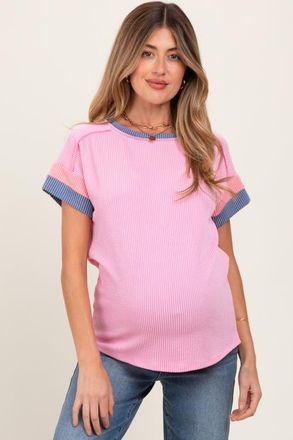 Pinkblush Ribbed Colorblock Detail Short Sleeve Top at Nordstrom, Size X-Large