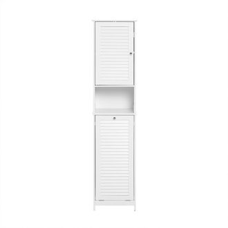 SoBuy Mueble columna de ba&ntilde;o con 1 cesto para ropa sucia madera blanco