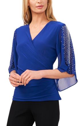 Chaus Beaded Sleeve Surplice Knit Top in Goddess Blue at Nordstrom, Size X-Large