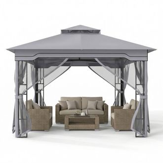 Costway Costway 3.3 x 3.3 M Double Roof Soft Top Patio Gazebo w/ Zippered Mesh Netting in Grey