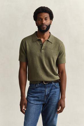 GANT Men Slub Cotton Blend Short Sleeve Polo Sweater (XXXL) DRY HERB GREEN