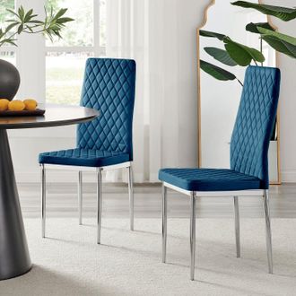 Furniturebox Set of 4 Milan High Back Soft Touch Diamond Pattern Velvet Dining Chairs With Silver Chrome Metal Legs in Navy