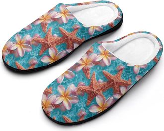 Generic Starfish And Frangipani Flowers Funny Mens Cotton Slippers Soft Non-Slip Rubber Sole House Slipper Indoor Outdoor