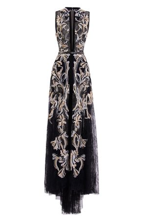 Saiid Kobeisy Jet-Black Lace Dress with Intricate Floral Embroidery