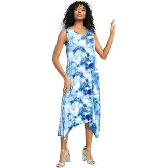 Roaman's Plus Size Stretch Knit Mid Length Sleeveless Swing Dress in Blue Textured Tie Dye at Nordstrom, Size 28