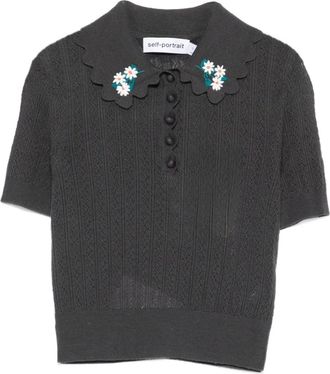 Self Portrait Poloshirt met bloemapplicatie - Grijs